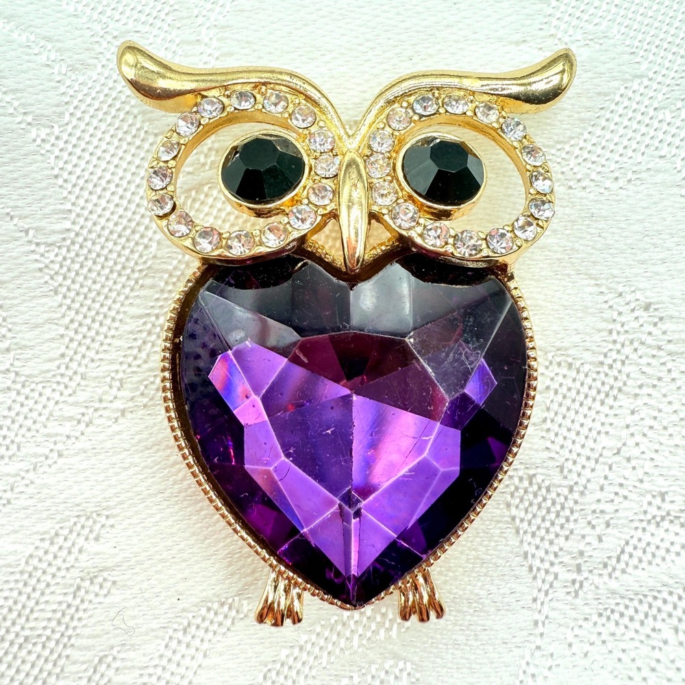 Vintage Signed Monet Purple Crystal Rhinestone Belly Owl Bird Brooch